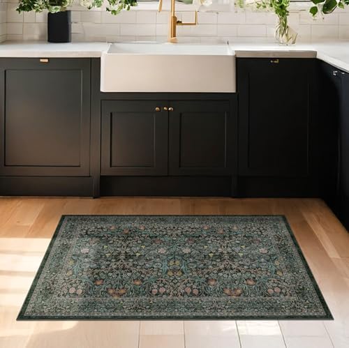Dark Green Washable Entry Rug 2x3 - Non-Slip Vintage Floral Throw Rug