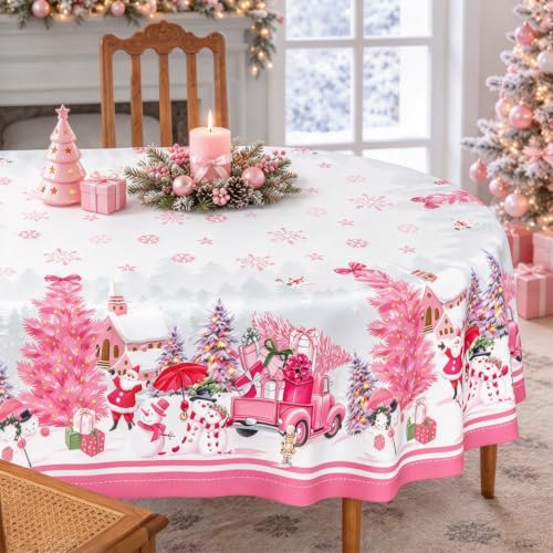 Pink Christmas Oval Tablecloth 60x120 Inches with Snowman Santa Truck Decor