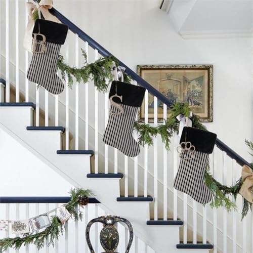 JKSVE 20 Inch Black Vertical Stripe Christmas Stocking with Gold Wooden Initial Monogram (Black Stripe)