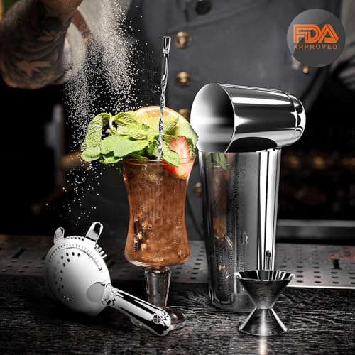 NutriChef 15 Piece Cocktail Shaker Set with 30 & 15 oz Stainless Steel Shakers, Pourers & Bar Tools - Essential Bartender Kit