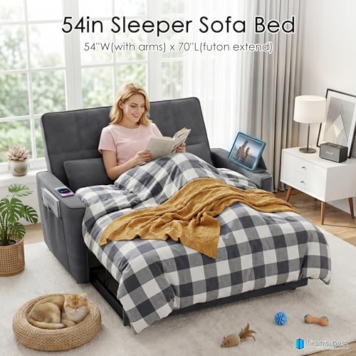 54-Inch Velvet Sleeper Sofa Bed, Convertible Pull-Out Loveseat with Pockets