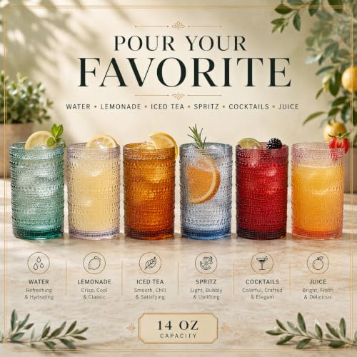 Khen Multicolor 6-Pack 14oz Shatterproof Acrylic Highball Glasses Set with Hobnail Beaded Design