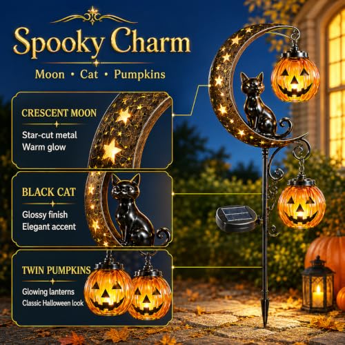 Solar Halloween Black Cat & Pumpkin Moon Outdoor Garden Stake Light