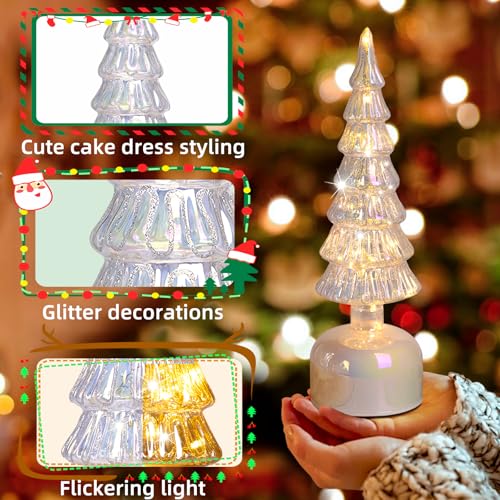 MJ Premier Silver Glass Rotating Christmas Tree with Lights - 3.54in x 11.81in, Battery Operated