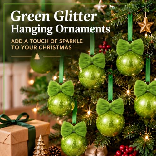 Suncalla Lime Green Christmas Ball Ornaments 12 Pcs with Bows – Glitter Xmas Tree Decor