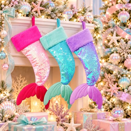 DearSun 3pcs Reversible Sequin Mermaid Tail Christmas Stockings - Pink, Blue, Purple, 25"