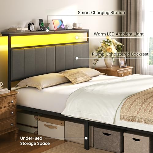 Queen Upholstered Platform Bed Frame with Storage Drawers & LED Headboard