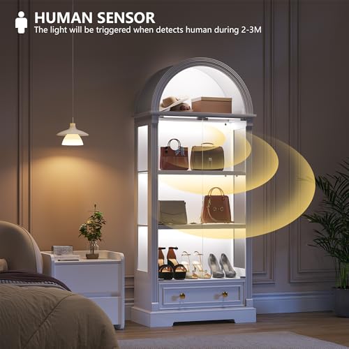 72" Arched Display Cabinet with Glass Doors & Motion Sensor Lights