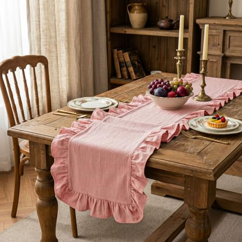 14 x 72 Pink Ruffled Table Runner – 100% Cotton, Scalloped Edge, Washable