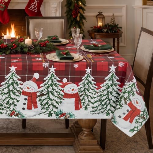 Softalker 60 x 84 Inch Rectangular Tablecloth – Snowman Red Plaid (Plaid Snowman) Christmas