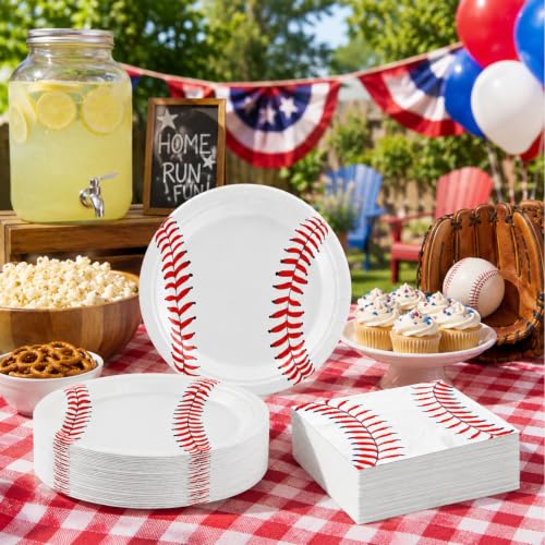 QIYANPAX Baseball Party Decorations Set 50 Pcs 9-Inch Plates & Napkins – Baseball Birthday Party Supplies (Baseball Variation)