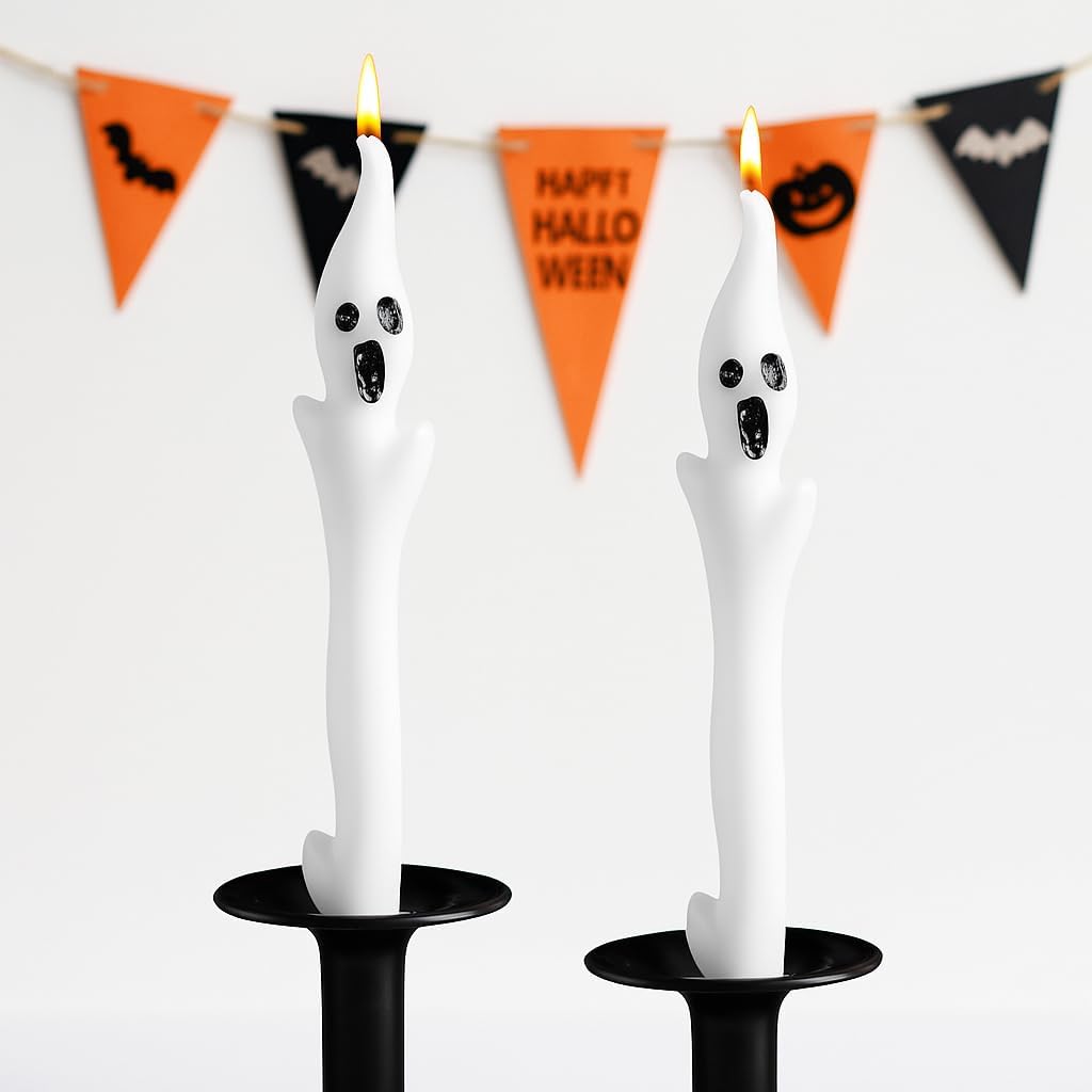 Skiennix Halloween Ghost Candles Set - Cute White Taper Candles with Spooky Faces | 2-Piece Decor for Parties & Haunted Houses