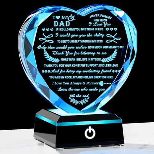 Dad Gifts from Daughter Son with LED Heart Crystal Keepsake | Dad from Daughter Son Gift with Colorful Base