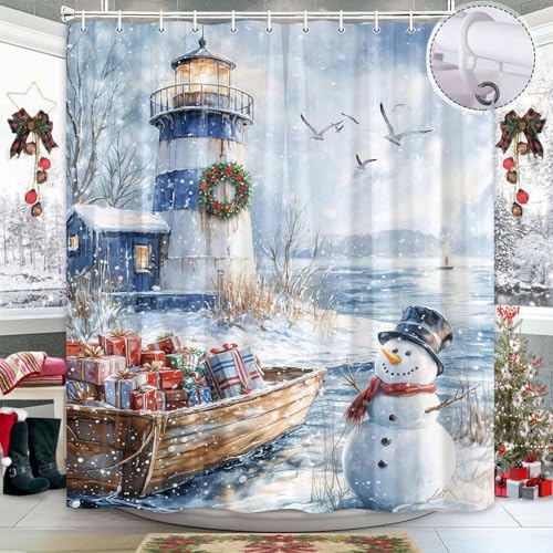 Winter Lighthouse Shower Curtain 70x70 in - White with Hooks | Jipusai