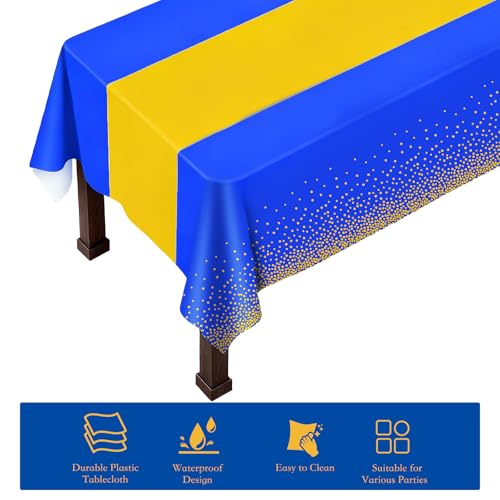2 Packs Blue and Gold Disposable Rectangle Tablecloths 54x108in - Ammbeetty