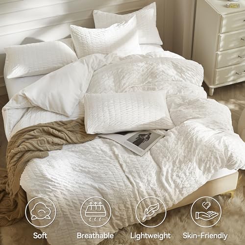 White Seersucker Duvet Cover Set Queen - Soft Microfiber Bedding with Ties