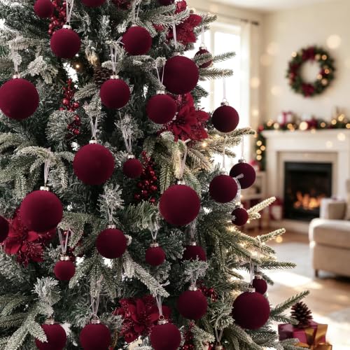 Velvet Christmas Ball Ornaments Set - 46pcs Flocked Holiday Decorations, Burgundy