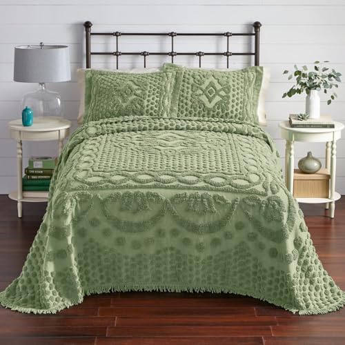King Chenille Bedspread - Sage Medallion Pattern, Ultra-Soft Cotton