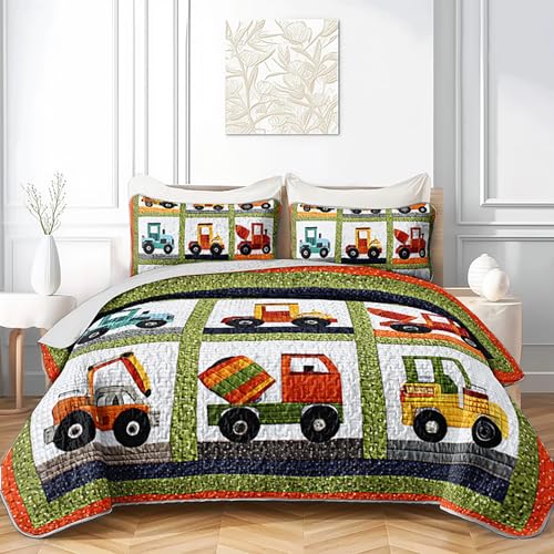 Cartoon Construction Vehicle Quilt Set - Full/Queen Bedding for Kids