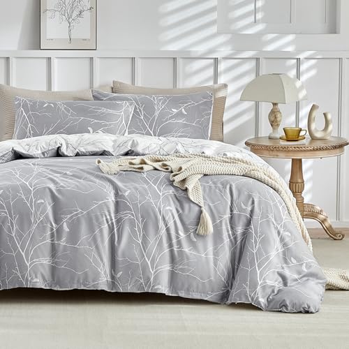 Reversible Botanical Branch Duvet Cover Set - King Size 3-Piece Bedding