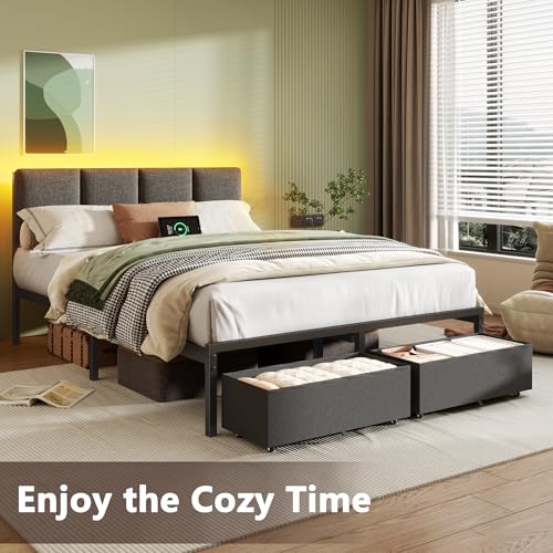 Full Size Platform Bed Frame with LED Headboard, Storage Drawers & USB