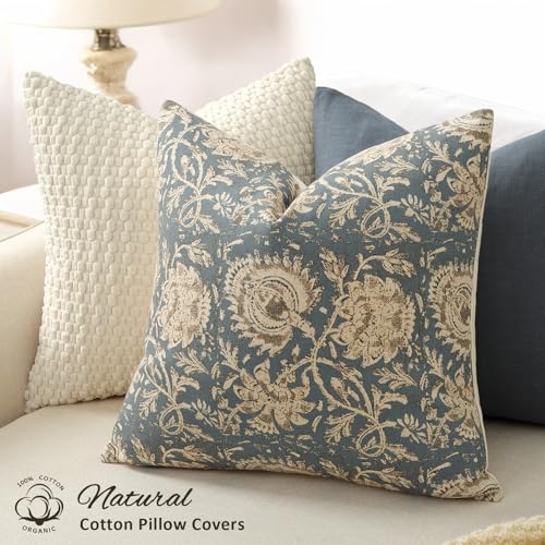 Vintage Floral Throw Pillow Covers 18x18 Set of 2 - Dusty Blue