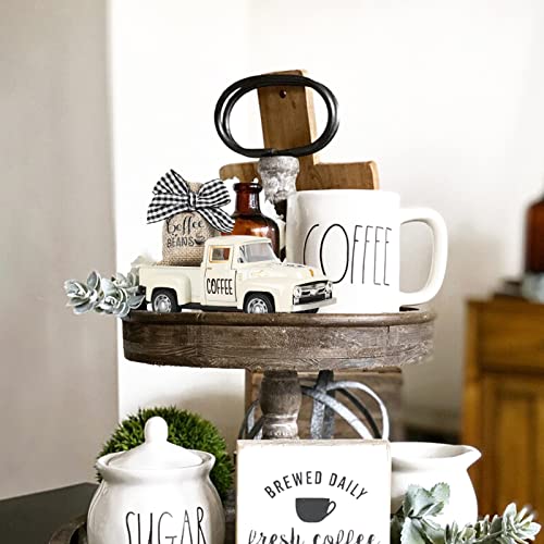 Mini Metal Truck Coffee Bar Decor with Burlap Sack Farmhouse Kitchen Tiered Tray