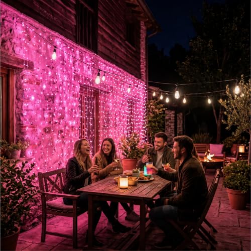 300 LED Pink Curtain Fairy Lights with Remote, 9.8x9.8 Ft USB String Lights