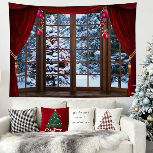 LB Winter Forest Tapestry Red 60W x 40H Inches – Christmas Pine Tree Curtain Window Wall Hanging