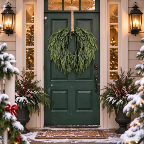 Christmas Wreath for Front Door - Artificial Norfolk Pine & Cedar, Green, 24 Inch