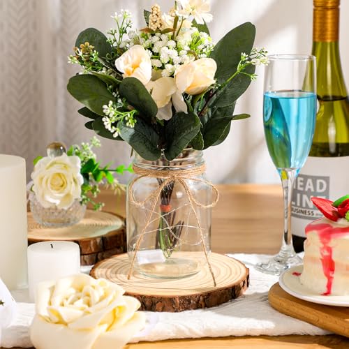 Honeydak 24-Piece Mason Jar Centerpieces Set – 24 Clear Jars, 24 Wood Coasters & 65.62 ft Jute Rope