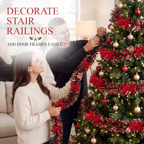 Christmas Tinsel Garland with Red Bows - 50ft Red & Green Decor - Variation of THIS listing 38