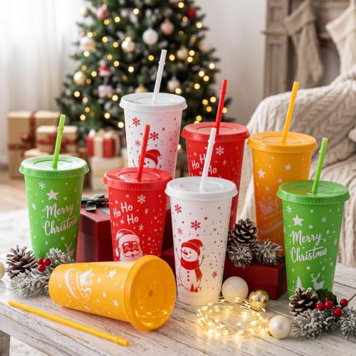 Sliner 40 Pack Christmas Plastic Cups with Lid & Straw - Cute Style, 24oz Reusable Holiday Drinkware