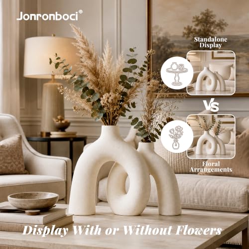 Matte Ceramic Hug Donut Vase Set - Modern Boho Home Decor (Cream White)