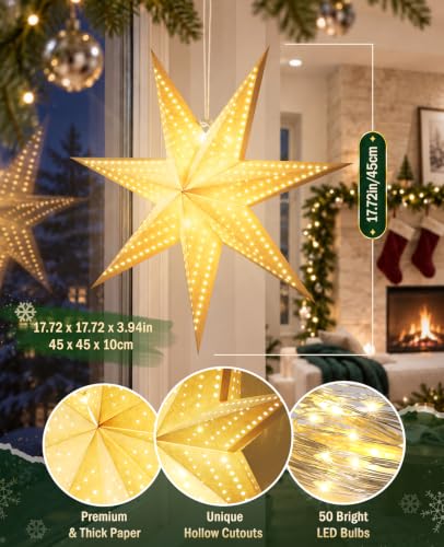 Luxspire 3 Pack C-17.7in Christmas Paper Star Lanterns with Lights, 8 Modes