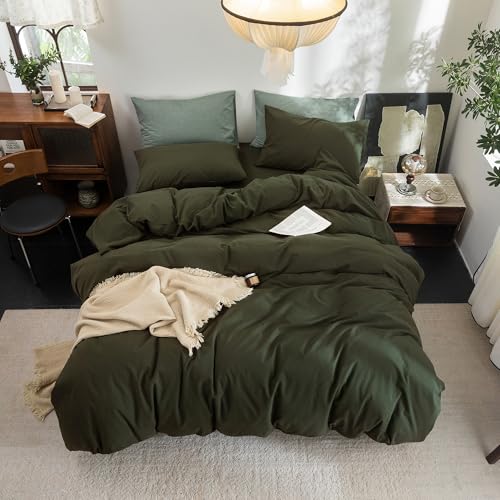 100% Washed Cotton Queen Duvet Cover Set - Soft Linen Feel Bedding, Olive Green