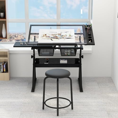 Height Adjustable Drafting Table with Stool and Tilting Glass Top