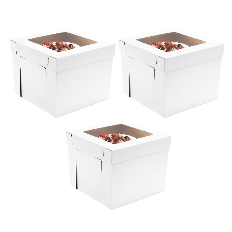 JJO Tall Cake Boxes for Tier Cakes, 14x14x12 Inches 3 Pack,Whie Cake Boxes with Window,Disposable Cake Containers, Sturdy Wedding Tall Cake Carrier