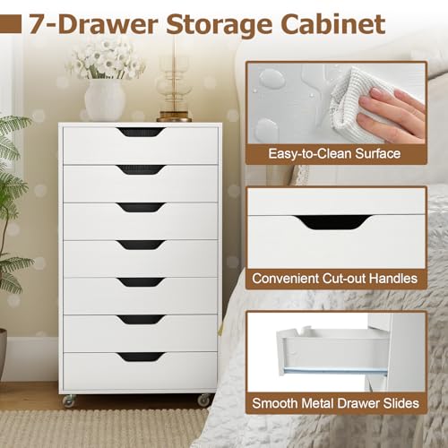 7-Drawer Mobile Rolling Storage Cabinet with Wheels, White Office Organizer