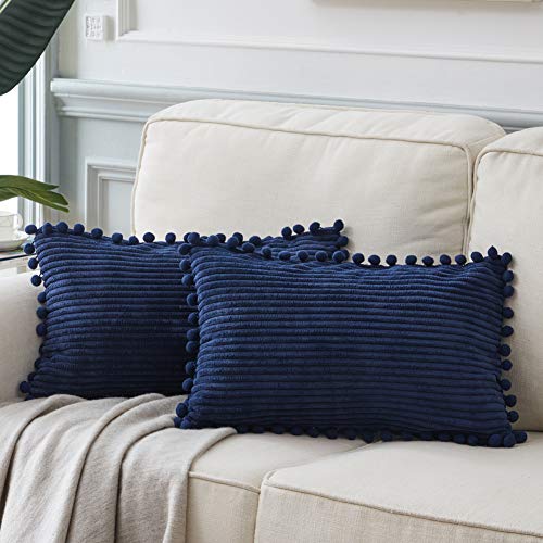 Boho Corduroy Lumbar Throw Pillow Covers with Pom-Poms, 12x20 Inch, Set of 2