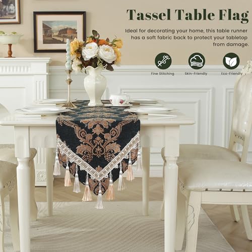 Dark Green Floral Jacquard Table Runner with Multi-Tassels - Elegant Home Decor