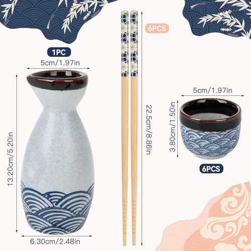 Japanese Porcelain Sake Set with 1 Bottle, 6 Cups & 6 Chopsticks - Blue Wave Pattern