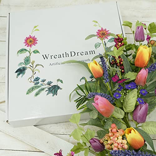 22-Inch Spring Tulip Wreath for Front Door with Tassels and Eucalyptus