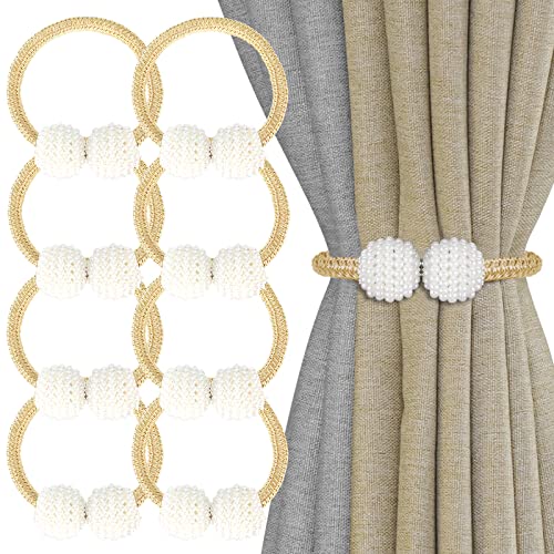 8 Pack Magnetic Curtain Tiebacks with Pearls, Gold Drape Holdbacks