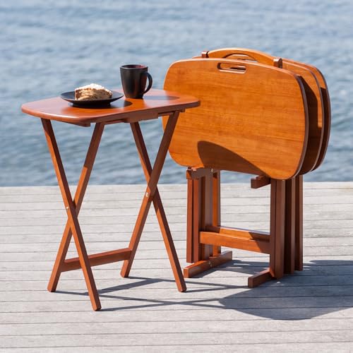 Winsome Lucca Set of 4 Foldable Teak Snack Tables with Storage Rack