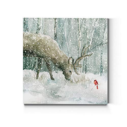 40x40 Reindeer and Cardinal Christmas Wall Art - Scenic Winter Forest Canvas, Ready to Hang, Premium Gallery Wrapped Decor, Made in USA