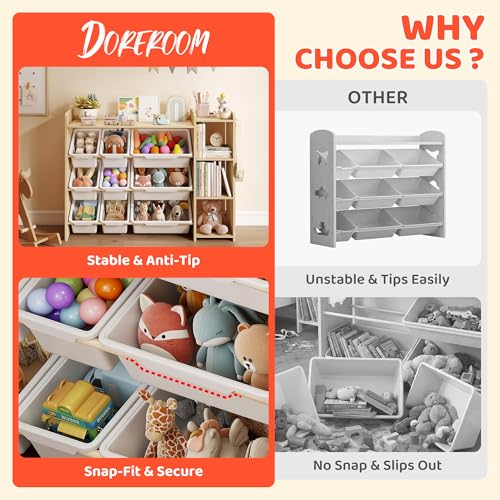 Kids Toy Storage Organizer with Bookshelf, 9 Bins and Hooks, White