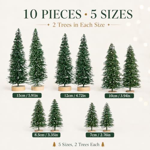 YIGETREE 10 Pack Snowy Mini Christmas Trees – 5 Heights for Village & Tabletop Decor (2 of each size)