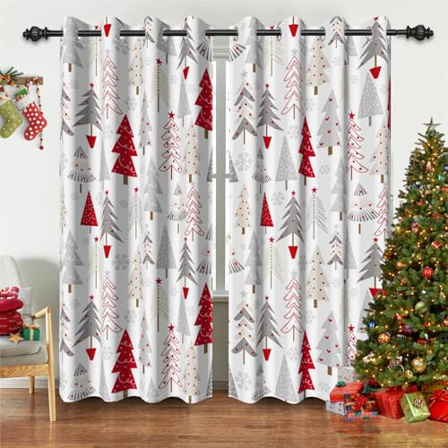 Renaiss Red & White Blackout Curtains for Bedroom 53x84 Inch, Set of 2, Xmas Snowflake Winter Holiday Decor
