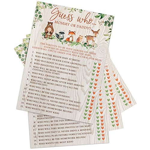 Woodland Forest Animal Baby Shower Guess Who Game Cards, 50 Pack